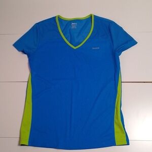 Bright blue and green athletic Reebok t-shirt.  Size medium mesh shoulders